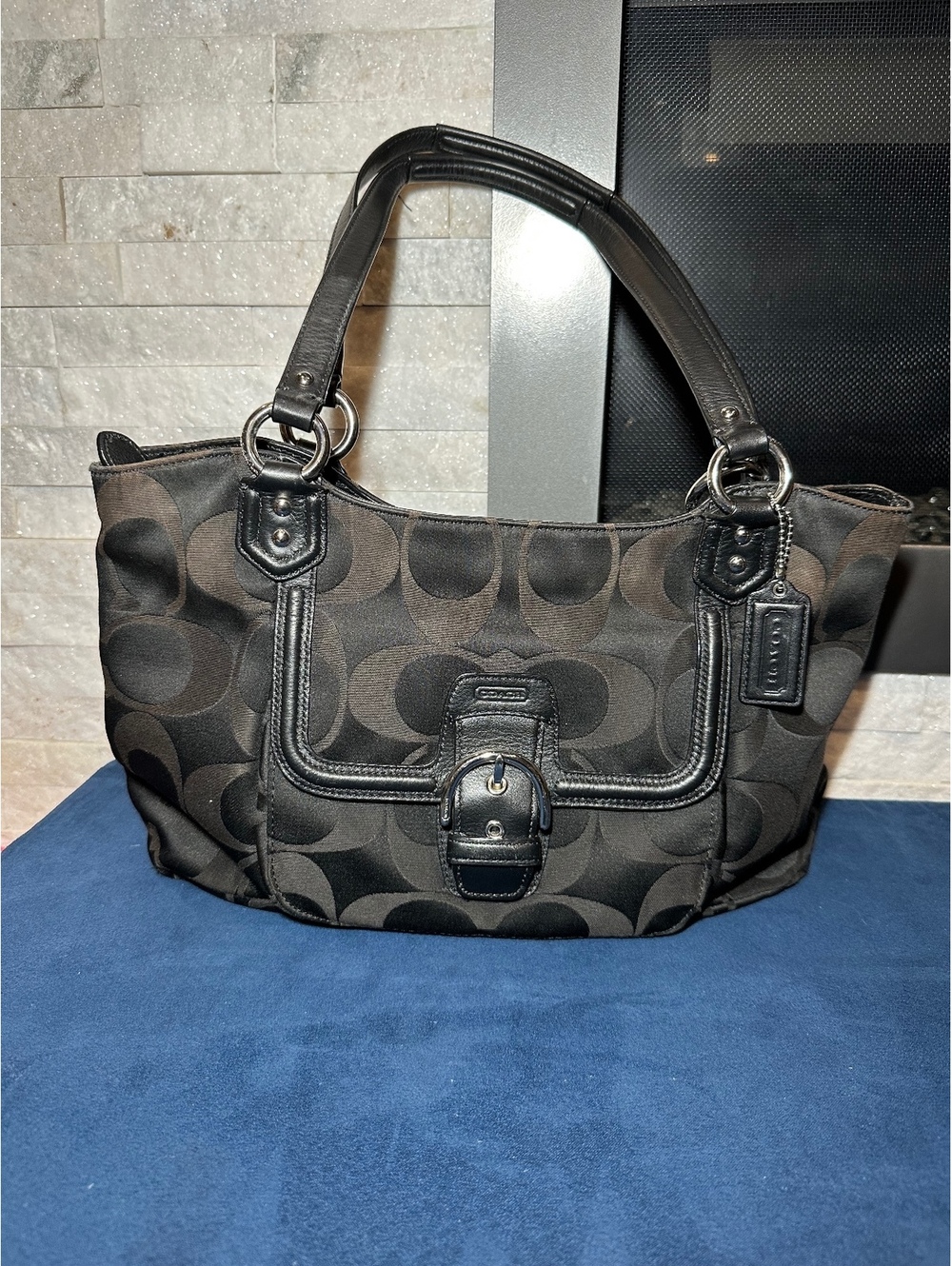 Coach Signature Jacquard Shoulder Bag Black Leather Trim Purse Creed F25204